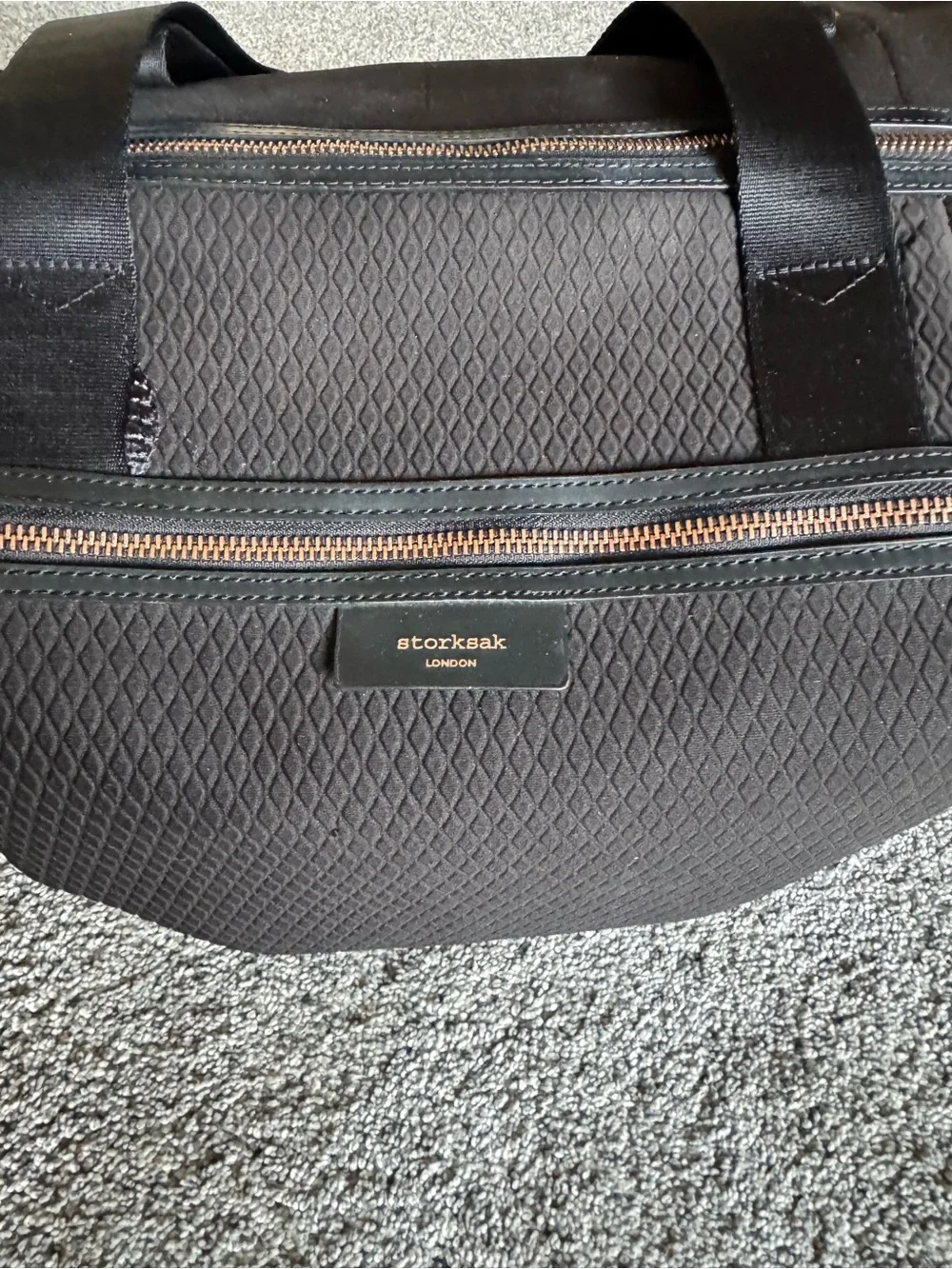 Storksak Black Quilted Baby Duffel with Rose Gold Zippers